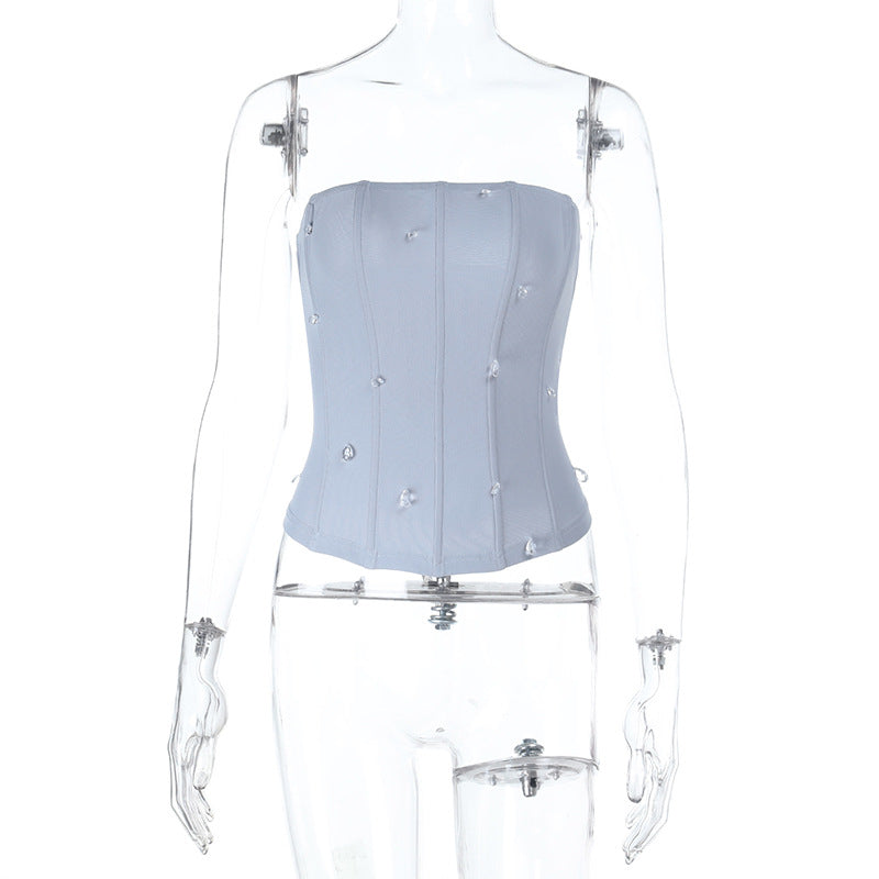 Dazzling Sky Blue Rhinestone Corset Tube Top - Chic Fall & Holiday Glam