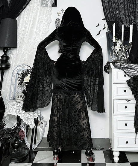 Elegant Gothic Velvet Maxi Dress with Flared Bell Sleeves & Corset Detail - Perfect for Halloween & Fall Romance
