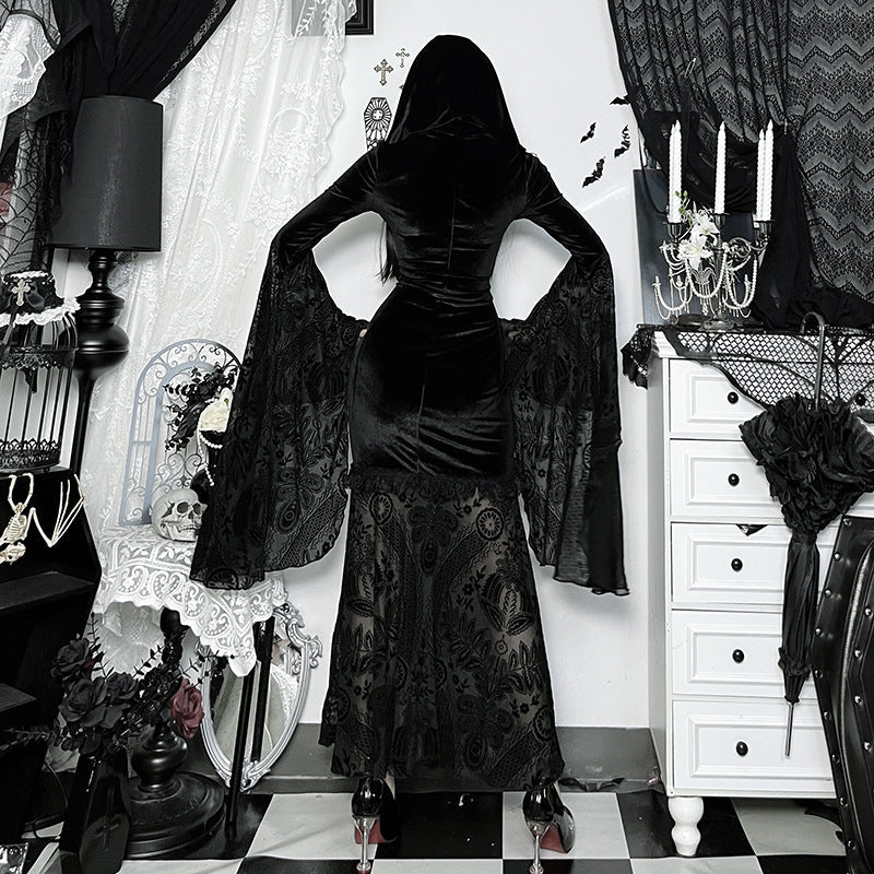 Elegant Gothic Velvet Maxi Dress with Flared Bell Sleeves & Corset Detail - Perfect for Halloween & Fall Romance