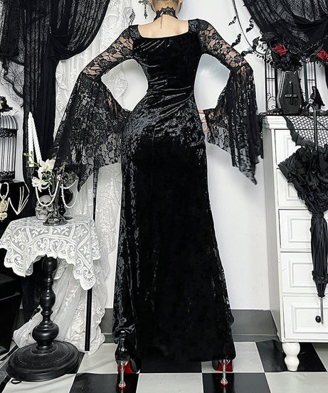 Midnight Enchantress Black Velvet & Lace Maxi Dress - Your Hauntingly Chic Halloween & Fall Statement