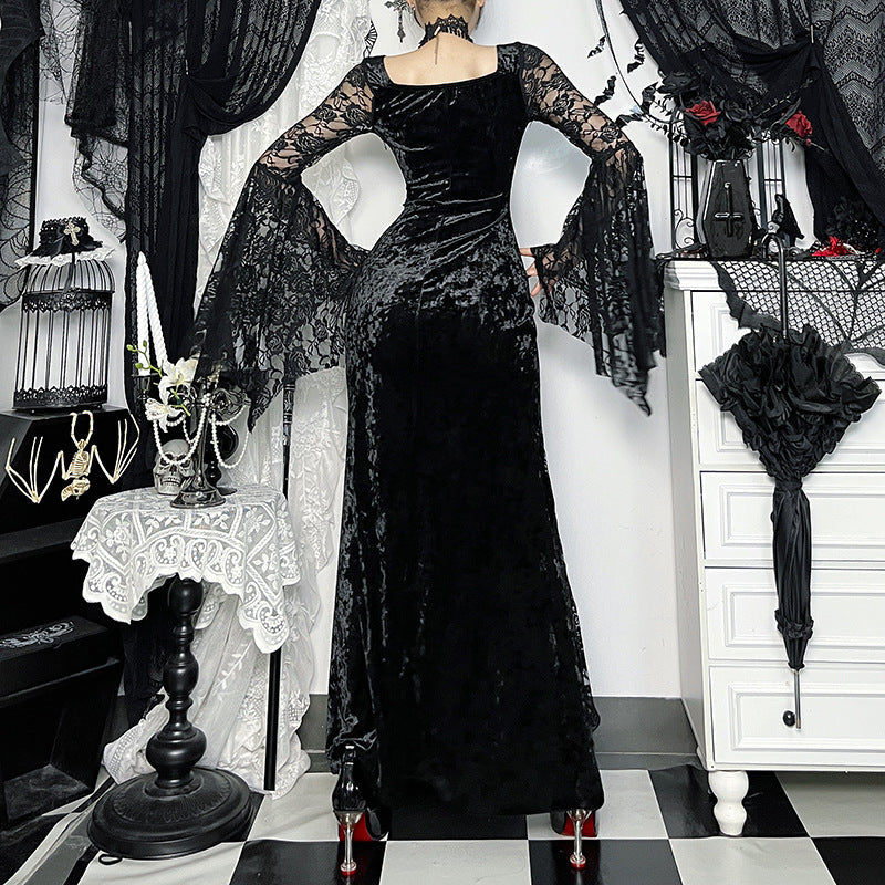 Midnight Enchantress Black Velvet & Lace Maxi Dress - Your Hauntingly Chic Halloween & Fall Statement