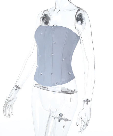 Dazzling Sky Blue Rhinestone Corset Tube Top - Chic Fall & Holiday Glam