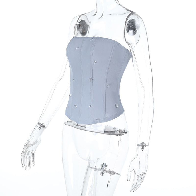 Dazzling Sky Blue Rhinestone Corset Tube Top - Chic Fall & Holiday Glam
