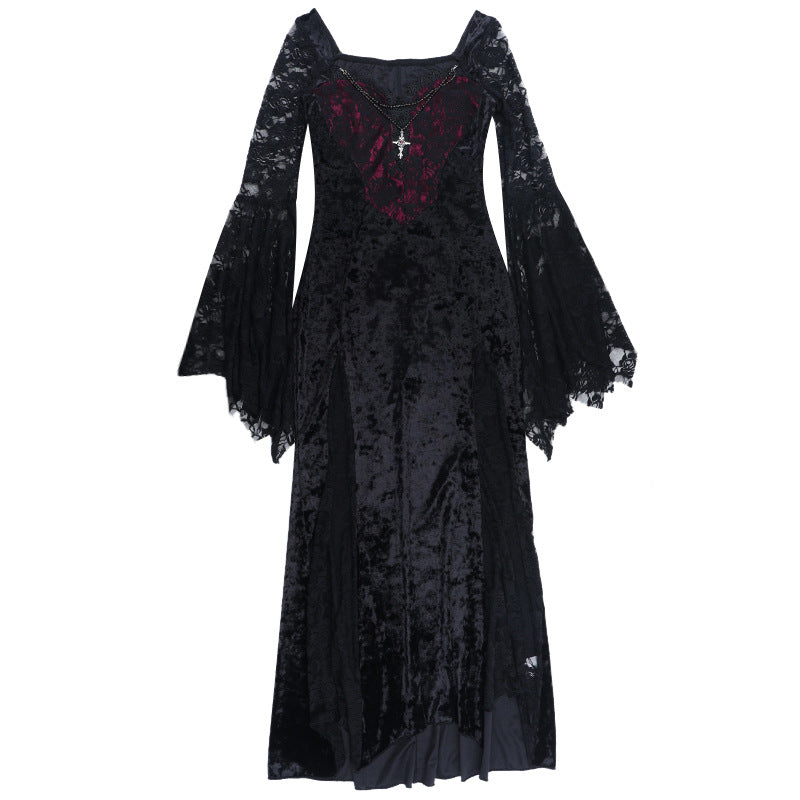 Midnight Enchantress Black Velvet & Lace Maxi Dress - Your Hauntingly Chic Halloween & Fall Statement