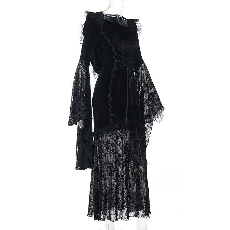 Elegant Gothic Velvet Maxi Dress with Flared Bell Sleeves & Corset Detail - Perfect for Halloween & Fall Romance