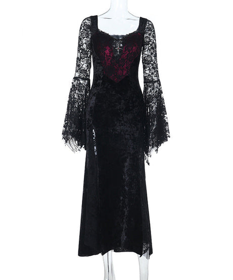Midnight Enchantress Black Velvet & Lace Maxi Dress - Your Hauntingly Chic Halloween & Fall Statement