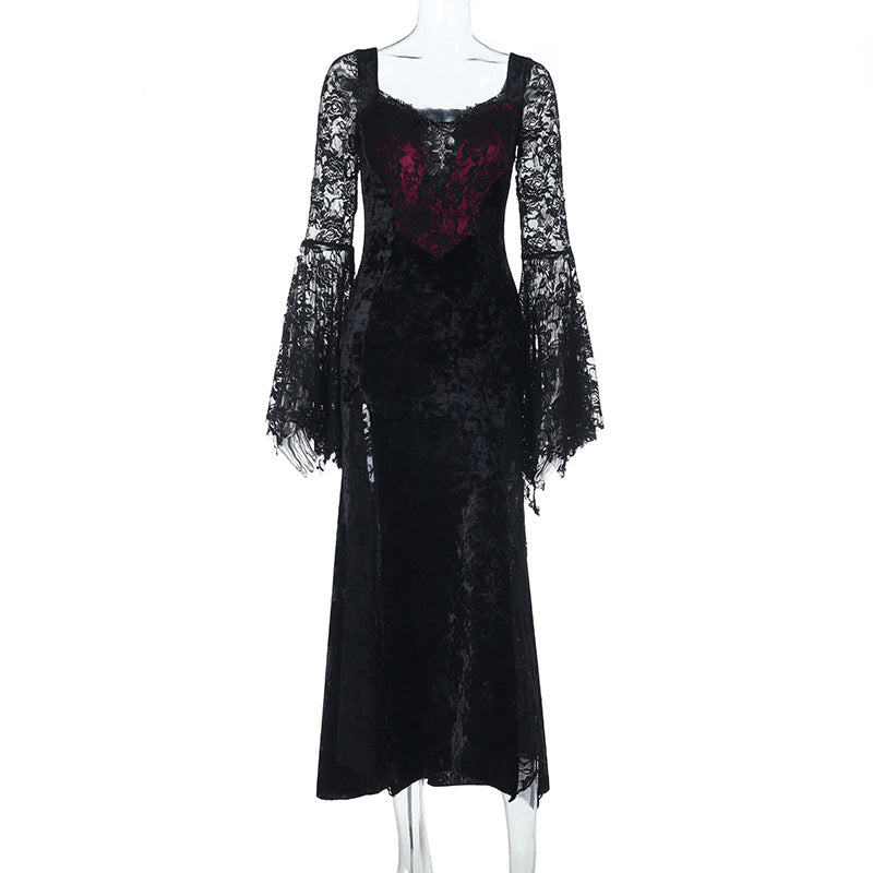 Midnight Enchantress Black Velvet & Lace Maxi Dress - Your Hauntingly Chic Halloween & Fall Statement
