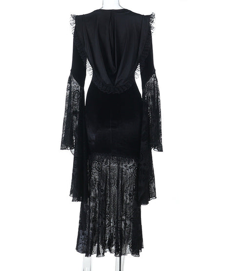 Elegant Gothic Velvet Maxi Dress with Flared Bell Sleeves & Corset Detail - Perfect for Halloween & Fall Romance