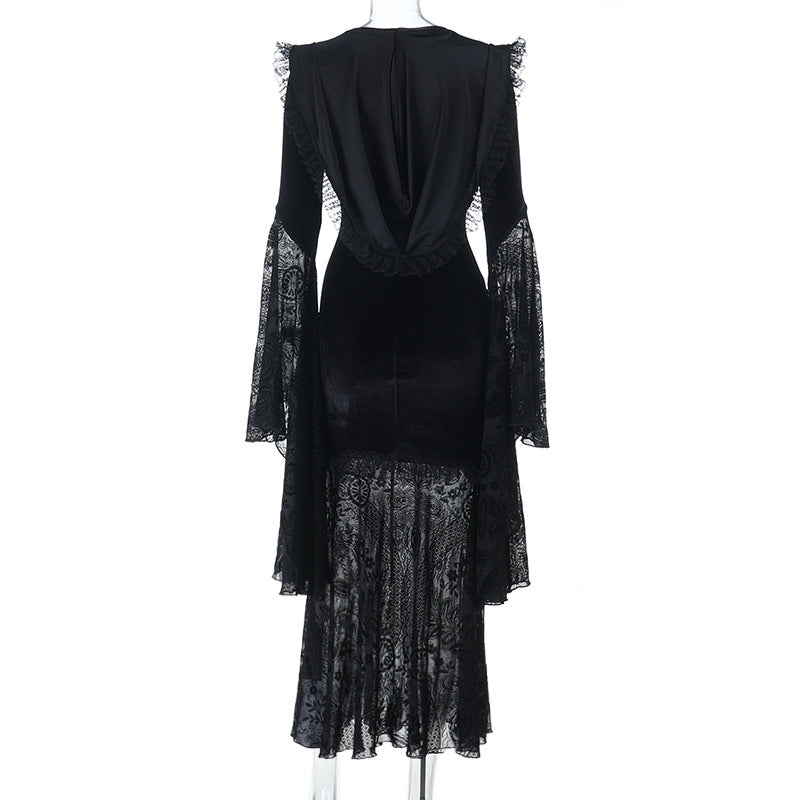 Elegant Gothic Velvet Maxi Dress with Flared Bell Sleeves & Corset Detail - Perfect for Halloween & Fall Romance
