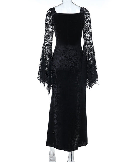 Midnight Enchantress Black Velvet & Lace Maxi Dress - Your Hauntingly Chic Halloween & Fall Statement