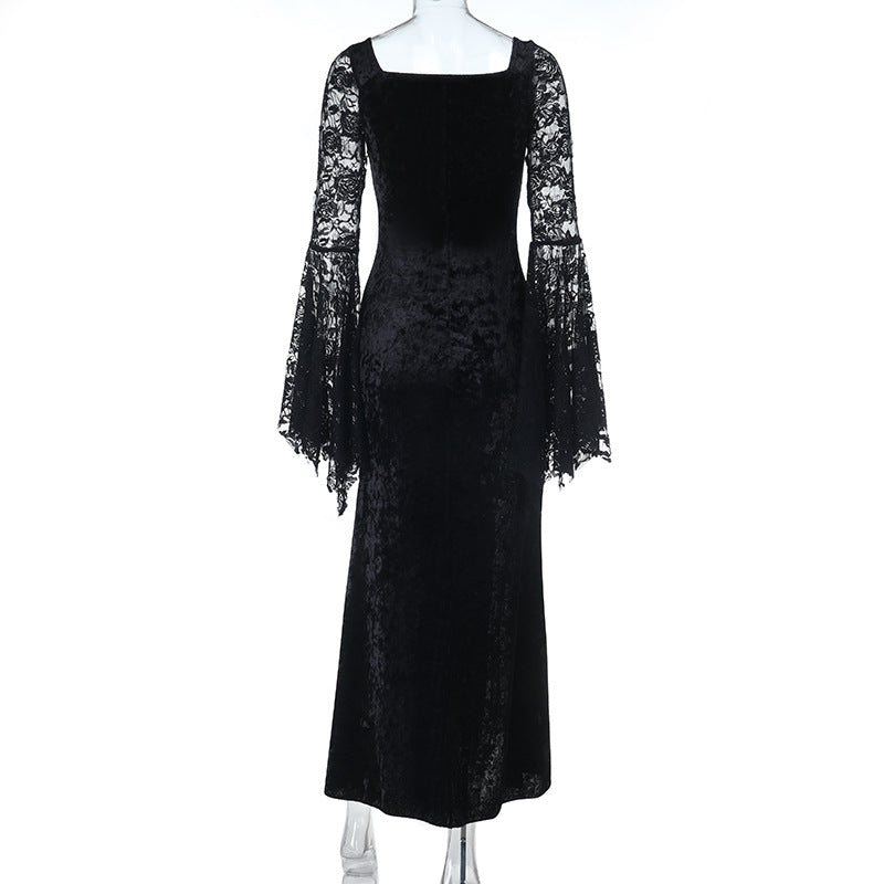 Midnight Enchantress Black Velvet & Lace Maxi Dress - Your Hauntingly Chic Halloween & Fall Statement