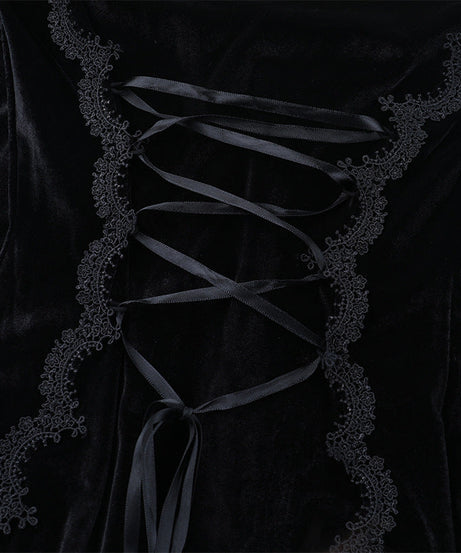 Elegant Gothic Velvet Maxi Dress with Flared Bell Sleeves & Corset Detail - Perfect for Halloween & Fall Romance