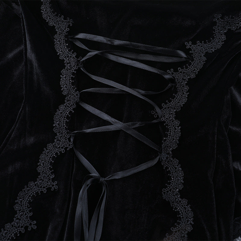 Elegant Gothic Velvet Maxi Dress with Flared Bell Sleeves & Corset Detail - Perfect for Halloween & Fall Romance