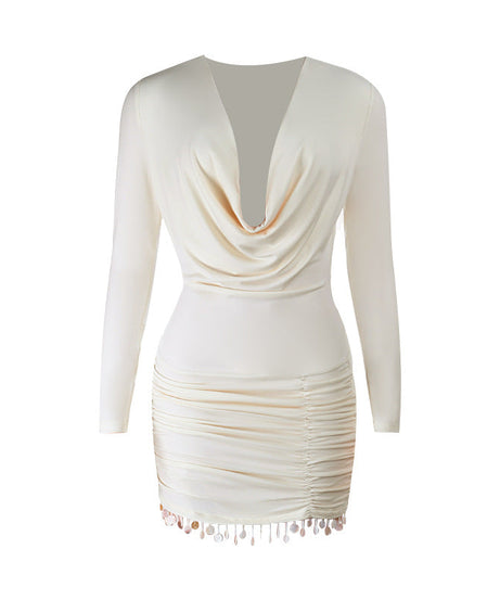 Chic Ivory Satin Cowl Neck Long Sleeve Mini Dress with Shimmer Fringe – Perfect for Holiday & NYE Parties