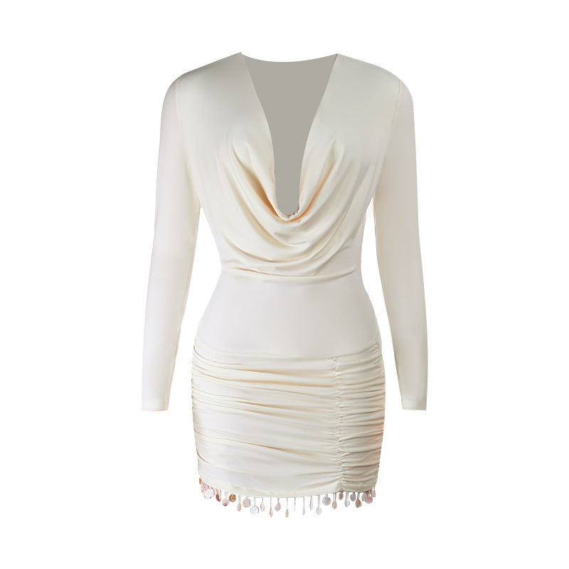 Chic Ivory Satin Cowl Neck Long Sleeve Mini Dress with Shimmer Fringe – Perfect for Holiday & NYE Parties