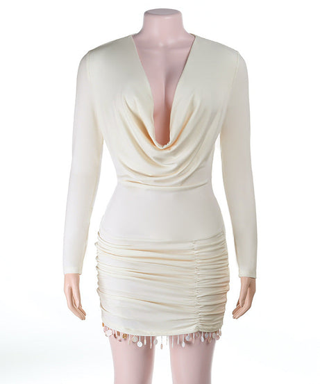 Chic Ivory Satin Cowl Neck Long Sleeve Mini Dress with Shimmer Fringe – Perfect for Holiday & NYE Parties