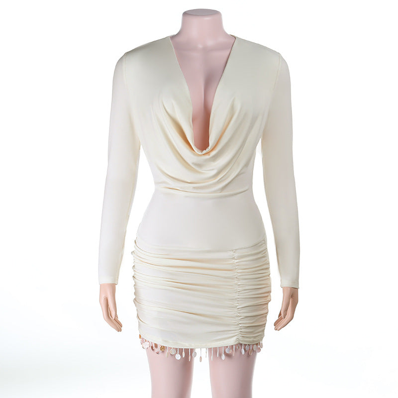 Chic Ivory Satin Cowl Neck Long Sleeve Mini Dress with Shimmer Fringe – Perfect for Holiday & NYE Parties