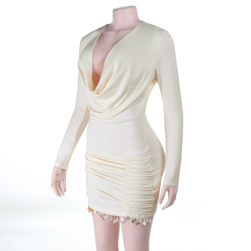 Chic Ivory Satin Cowl Neck Long Sleeve Mini Dress with Shimmer Fringe – Perfect for Holiday & NYE Parties