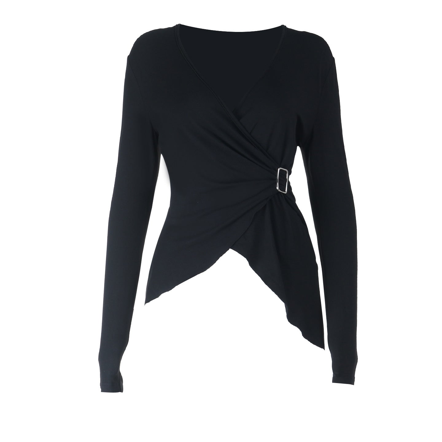 Elevated Fall Chic: Asymmetrical Buckle Wrap V-Neck Top for Women