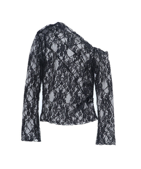 Sultry Black Lace One-Shoulder Long Sleeve Top - Chic Fall & Holiday Party Essential