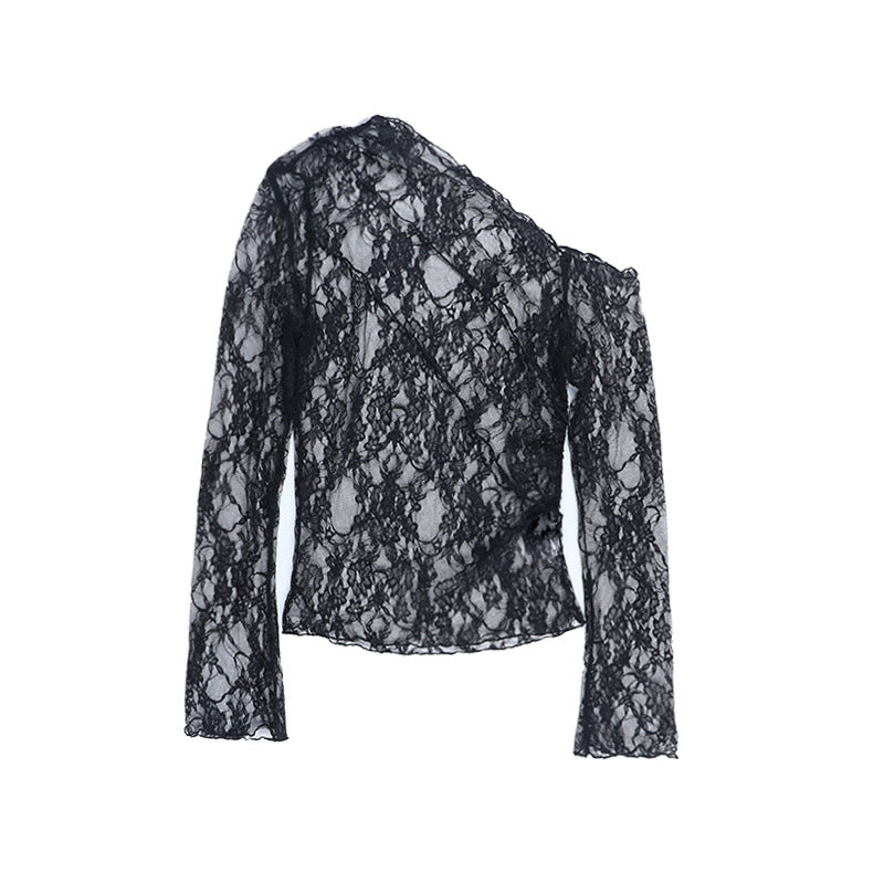 Sultry Black Lace One-Shoulder Long Sleeve Top - Chic Fall & Holiday Party Essential