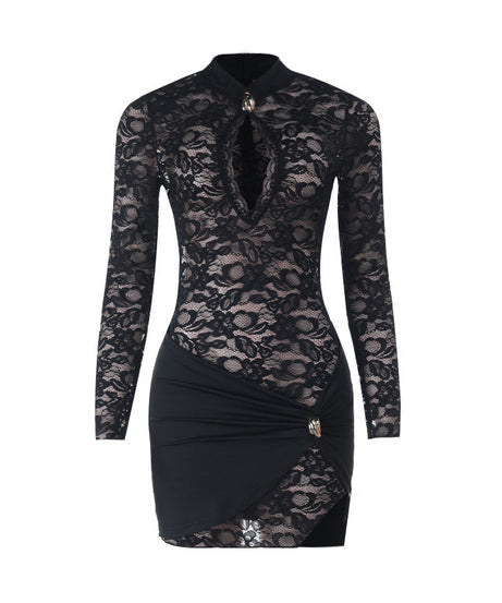 Chic Black Lace Keyhole Bodycon Mini Dress - Perfect for Fall Nights Out & Holiday Parties