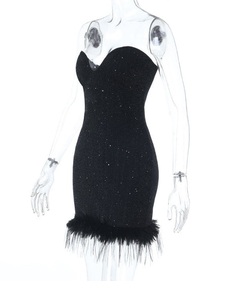 Glamorous Sweetheart Glitter Mini Dress with Feather Trim - Holiday & NYE Party Ready