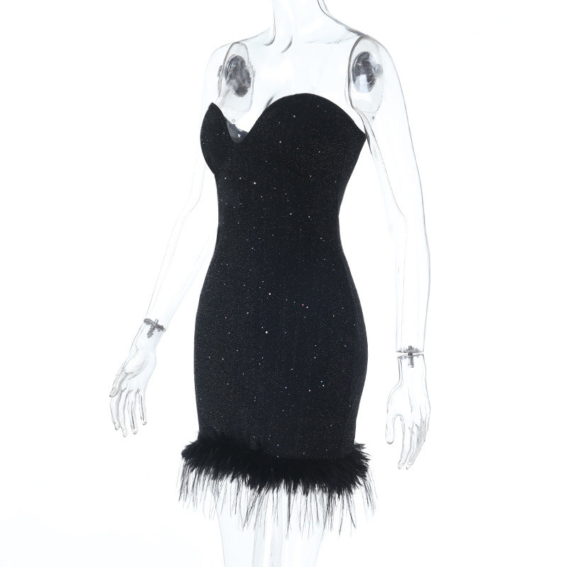 Glamorous Sweetheart Glitter Mini Dress with Feather Trim - Holiday & NYE Party Ready