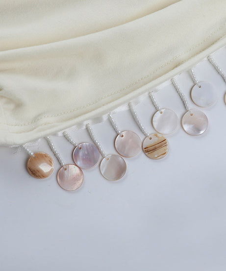 Chic Ivory Satin Cowl Neck Long Sleeve Mini Dress with Shimmer Fringe – Perfect for Holiday & NYE Parties