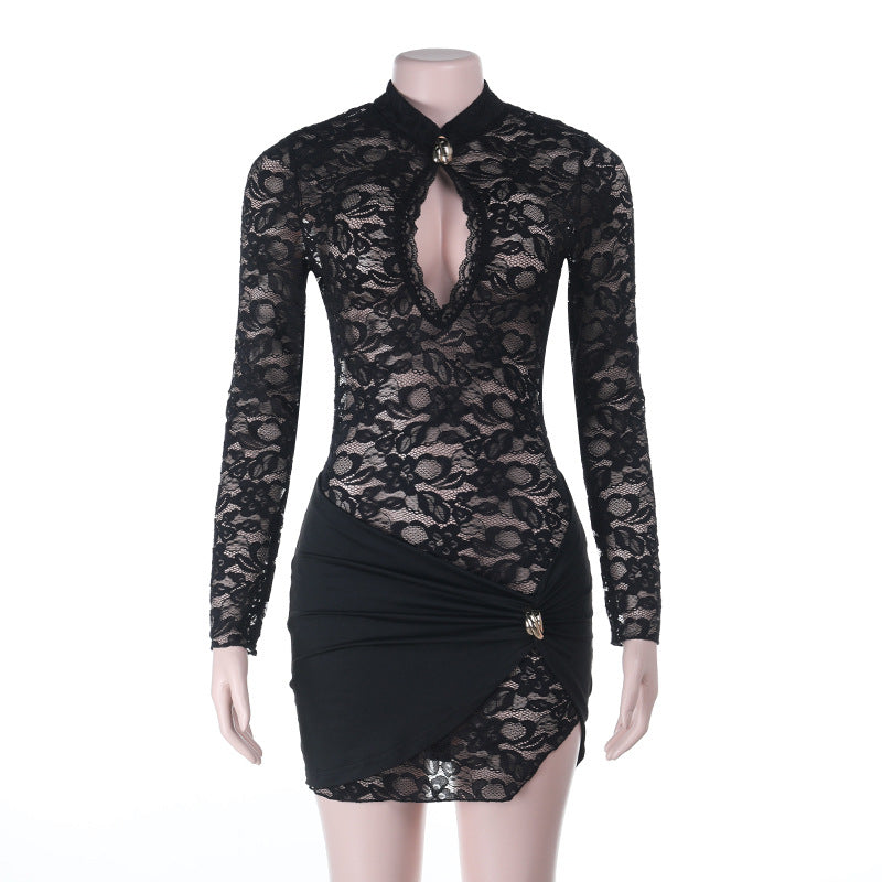 Chic Black Lace Keyhole Bodycon Mini Dress - Perfect for Fall Nights Out & Holiday Parties