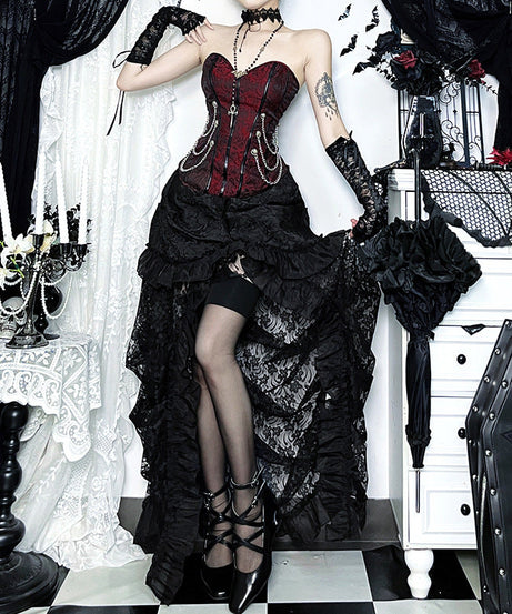 Halloween Enchantress: Gothic Sweetheart Corset Top with Metal Chains - Red & Black Dark Romance