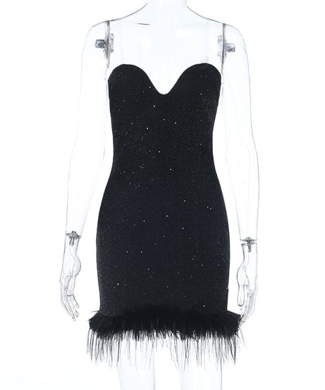 Glamorous Sweetheart Glitter Mini Dress with Feather Trim - Holiday & NYE Party Ready