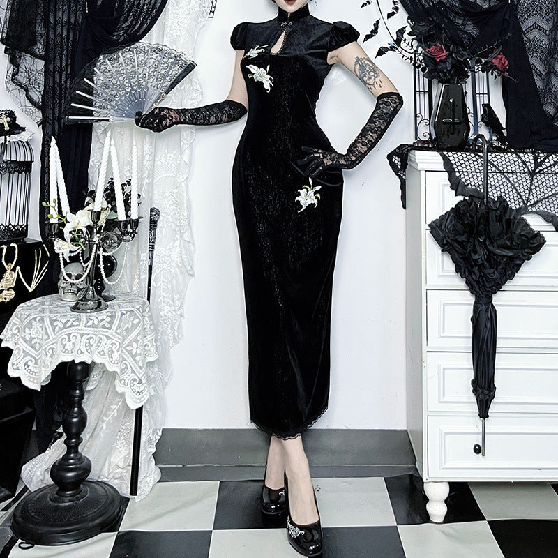 Mystical Gothic Velvet Cheongsam Maxi Dress with Lily Embroidery - Hauntingly Elegant for Halloween & Fall Soirees