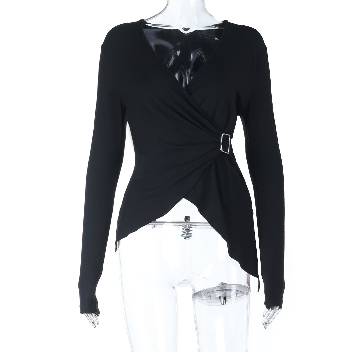 Elevated Fall Chic: Asymmetrical Buckle Wrap V-Neck Top for Women