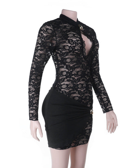 Chic Black Lace Keyhole Bodycon Mini Dress - Perfect for Fall Nights Out & Holiday Parties