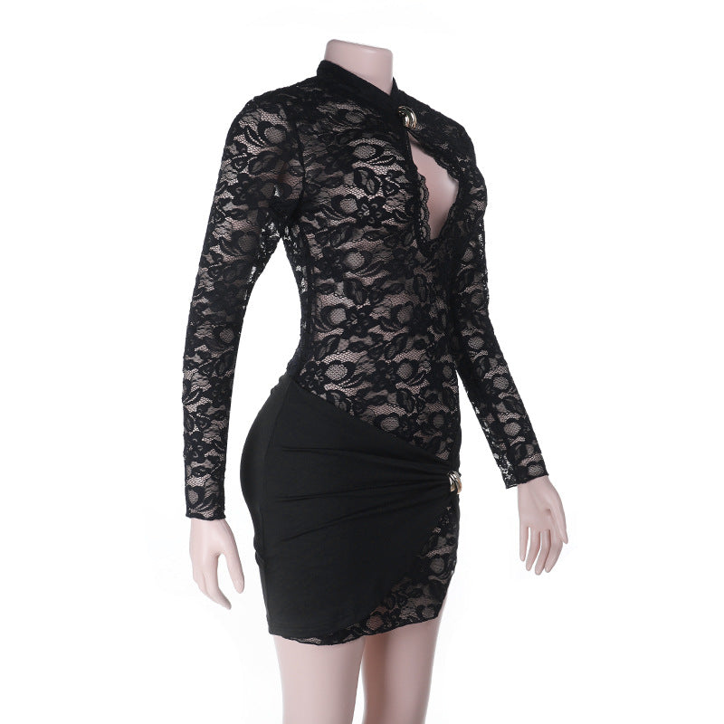 Chic Black Lace Keyhole Bodycon Mini Dress - Perfect for Fall Nights Out & Holiday Parties