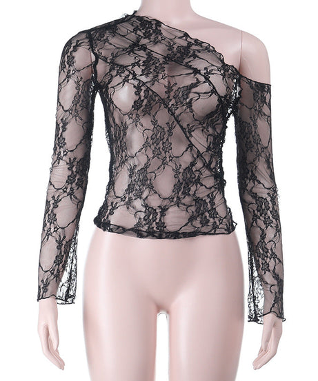 Sultry Black Lace One-Shoulder Long Sleeve Top - Chic Fall & Holiday Party Essential
