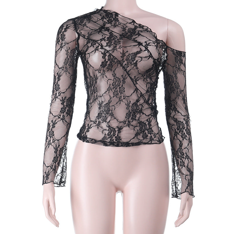 Sultry Black Lace One-Shoulder Long Sleeve Top - Chic Fall & Holiday Party Essential