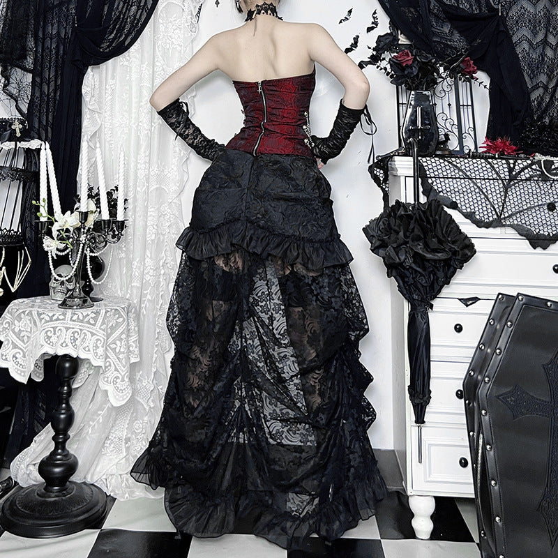 Halloween Enchantress: Gothic Sweetheart Corset Top with Metal Chains - Red & Black Dark Romance