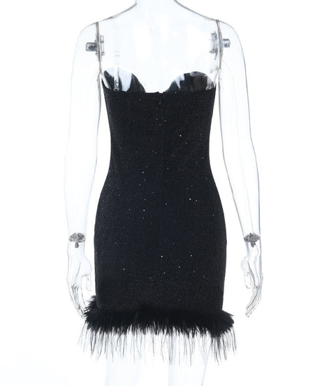Glamorous Sweetheart Glitter Mini Dress with Feather Trim - Holiday & NYE Party Ready