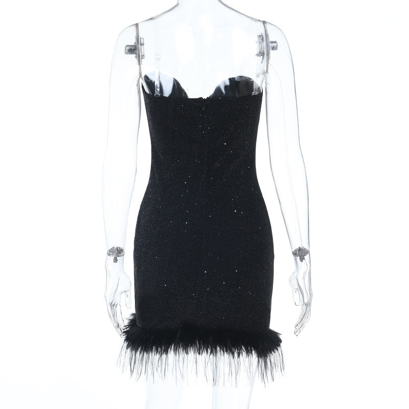 Glamorous Sweetheart Glitter Mini Dress with Feather Trim - Holiday & NYE Party Ready