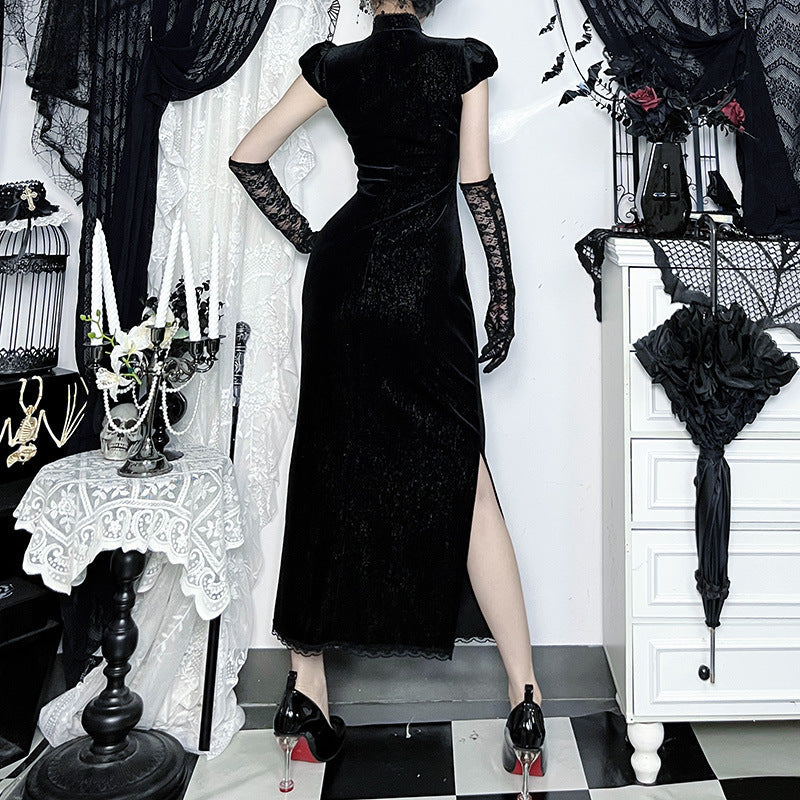 Mystical Gothic Velvet Cheongsam Maxi Dress with Lily Embroidery - Hauntingly Elegant for Halloween & Fall Soirees