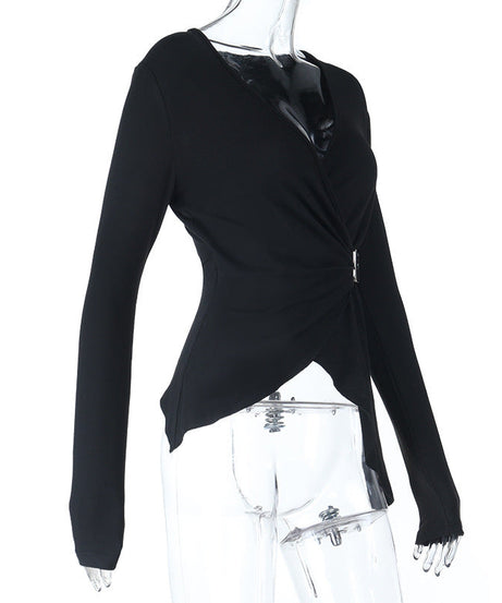 Elevated Fall Chic: Asymmetrical Buckle Wrap V-Neck Top for Women