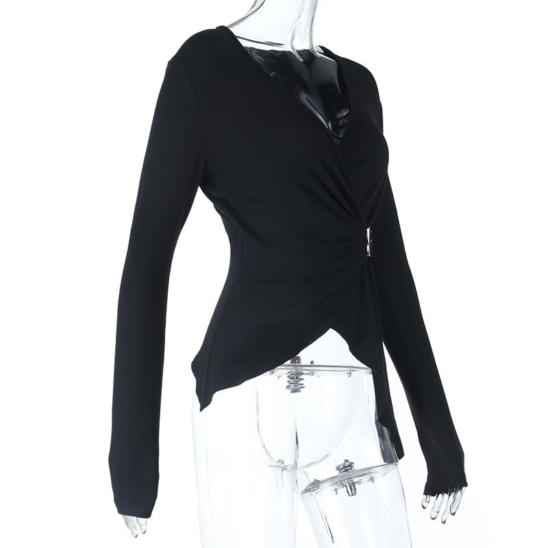 Elevated Fall Chic: Asymmetrical Buckle Wrap V-Neck Top for Women
