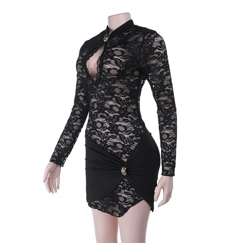 Chic Black Lace Keyhole Bodycon Mini Dress - Perfect for Fall Nights Out & Holiday Parties