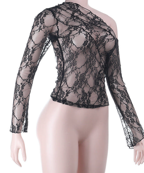 Sultry Black Lace One-Shoulder Long Sleeve Top - Chic Fall & Holiday Party Essential