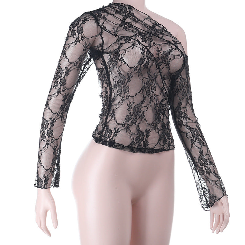 Sultry Black Lace One-Shoulder Long Sleeve Top - Chic Fall & Holiday Party Essential
