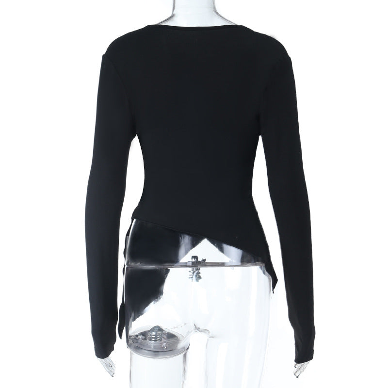 Elevated Fall Chic: Asymmetrical Buckle Wrap V-Neck Top for Women