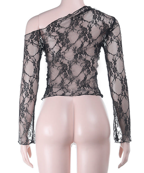 Sultry Black Lace One-Shoulder Long Sleeve Top - Chic Fall & Holiday Party Essential