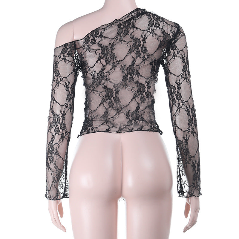 Sultry Black Lace One-Shoulder Long Sleeve Top - Chic Fall & Holiday Party Essential